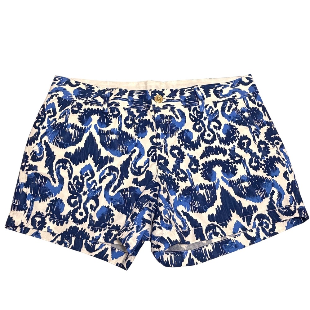 Lilly Pulitzer Callahan Shorts Blue White Flamingo Ikat Print Size 14 Cotton